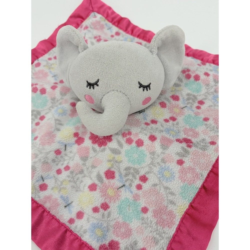 Parent's Choice Pink Floral Grey Elephant Security Blanket Lovey Satin Trim